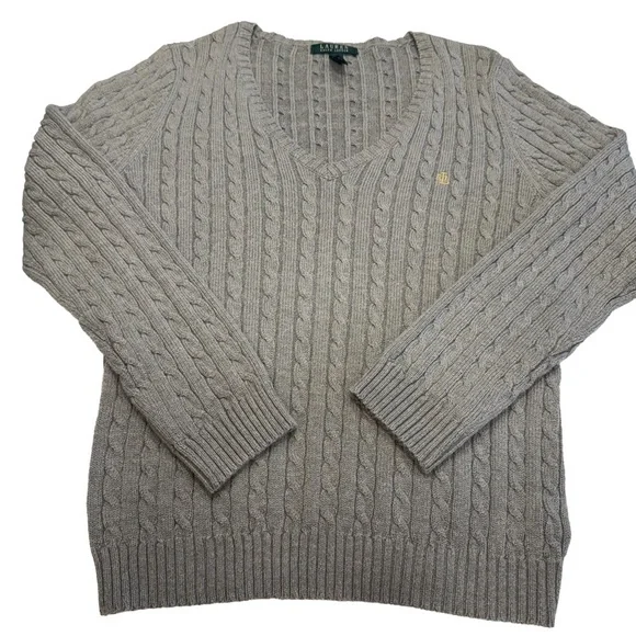Lauren Ralph Lauren Women's Cable Knit V-Neck Sweater Gray Sz Large - Picture 2 of 9